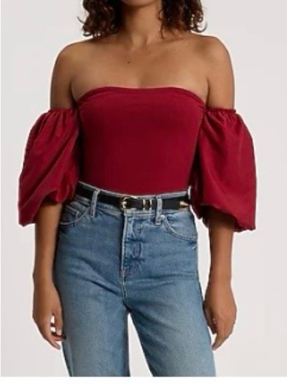 Express Off-Shoulder Puff Sleeve Crop Top in Burgundy